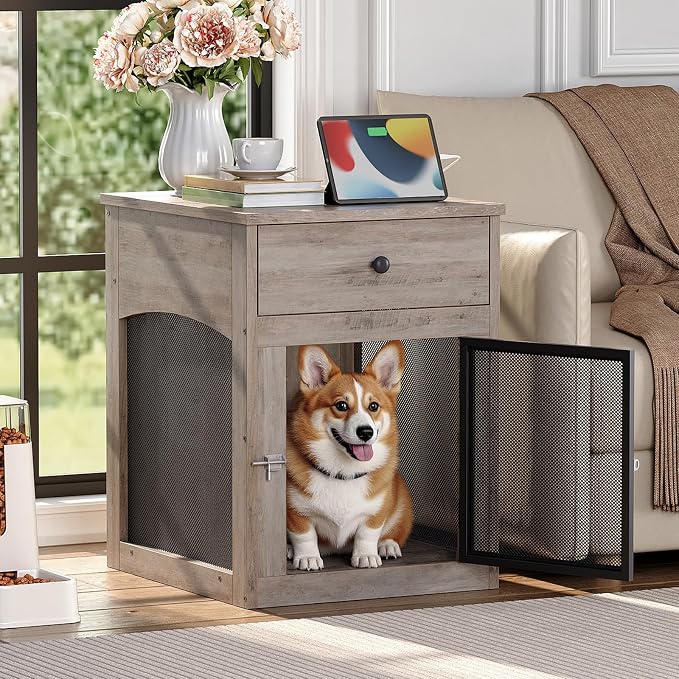 HOOBRO Dog Crate Furniture, Dog Kennel with Drawer and Charging Station, Indoor Decorative Puppy House, Wooden Pet Crate End Table for Small Dogs, Greige and Black BG58UGW03G1