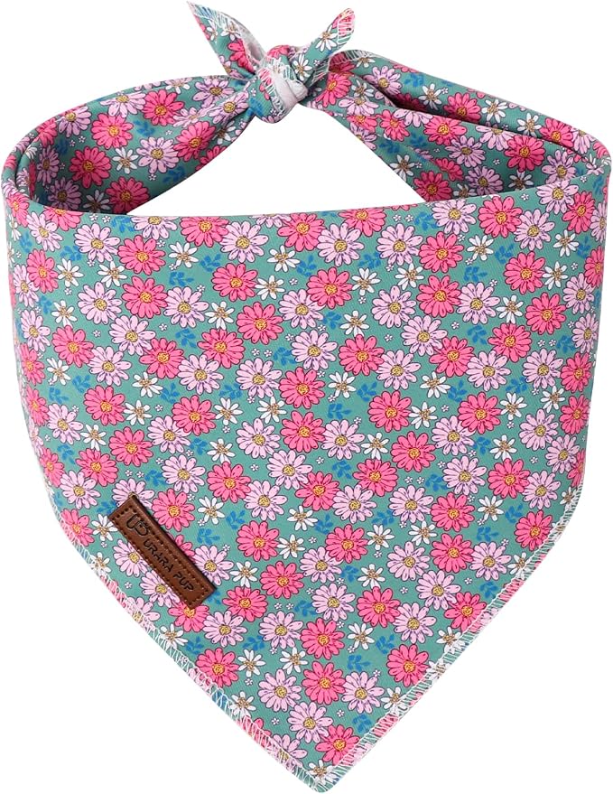 Summer Dog Bandana, UP URARA PUP Chamomile Triangle Bid Scarf for Medium Large Dogs, Cotton Kerchief for Girl Boy Puppies, Cute Spring FloralBandana,S