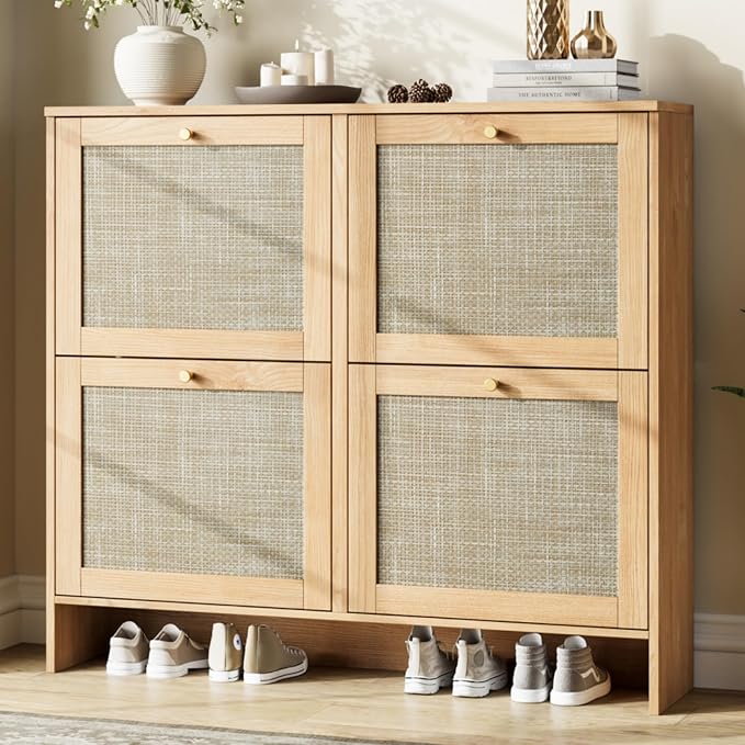 Modern Rattan Shoe Cabinet, 4 Flip Drawers & Adjustable Shelves, Ultra Slim Freestanding (9.5” Deep), Holds 24+ Pairs, Narrow Shoe Storage Cabinet with Anti-Tip Safety,Sun-Drenched Ambe