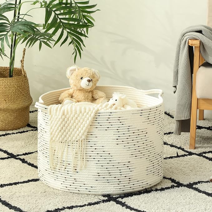 KAKAMAY Large Blanket Basket (20"x13"),Woven Baskets for storage Baby Laundry Hamper，Cotton Rope Blanket Basket for Living Room, Laundry, Nursery, Pillows, Off White with Blue & Brown Dotted Pattern | Extra Large Capacity | Natural Cotton Rope | Blanke...