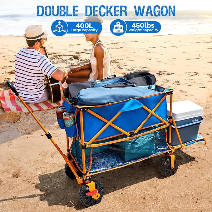 Old Bahama Bay 400L Collapsible Double Decker Beach Wagon with Brakes, Folding Beach Cart with 54" Extra Long Decker, 450LBS Heavy Duty Wagon Chart with All-Terrain Big Wheels for Sand Camping Garden