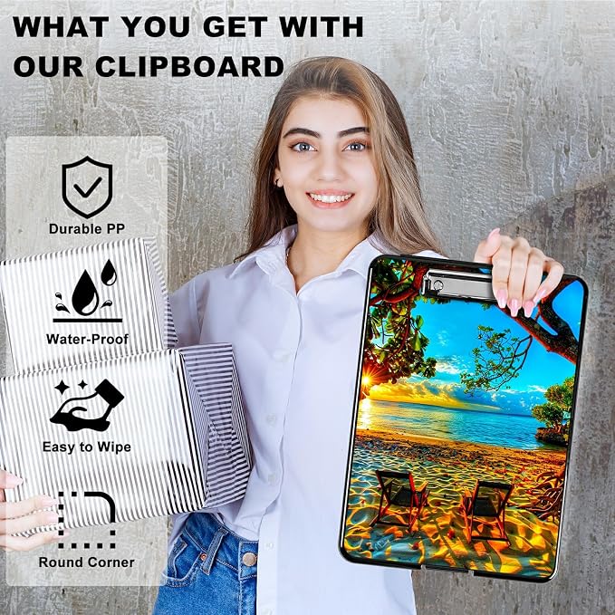 Beach Sunset A4 Clipboard with Storage Pen Holder, Clipboards Organizer Nursing Clipboard Foldable File Folder Plastic Clipboard Folio Clip Board for Office Students Classroom Doctor