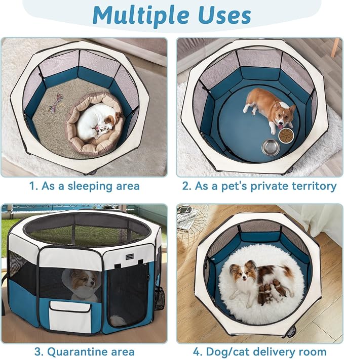 PETSFIT Portable Dog Playpen 45", Removable Waterproof Mat, Zippered Roof | Jump-proof, Collapsible Storage, RV Camping Travel, Indoor Outdoor Use, Large Dogs and Cats, 45.5"L x 45.5"W x 28.5"H