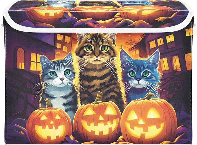 Fabric Storage Bins with Lid Halloween Cat Closet Storage Basket 40L | Decorative Storage Boxes, Foldable & Stackable, Dust-Proof Flip Top, Reinforced Handles, For Home & Dorm, Clothes & Toy Box