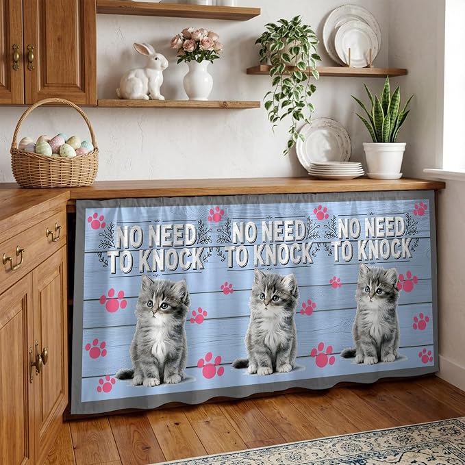 NO Need to Knock Cabinet Curtains 28"x51" Sink Skirt for Bathroom Kitchen, Cat Pet Paw Prints Pet Lover Farmhouse Self Stick Adhesive Under Desk Covers Tall Laundry Cabinet Storage Organizer
