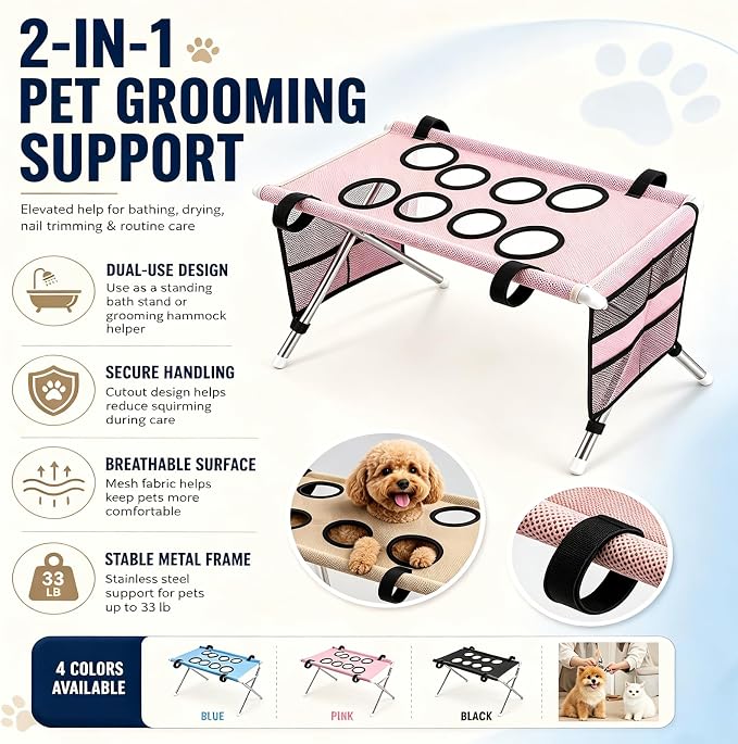2-in-1 Foldable Pet Grooming Bed, Portable Pet Bathing Stand (Pink,B) | Dog Grooming Hammock with Foldable Frame and Mesh Side Pockets, Suitable for Pet Washing Maintenance Travel Grooming