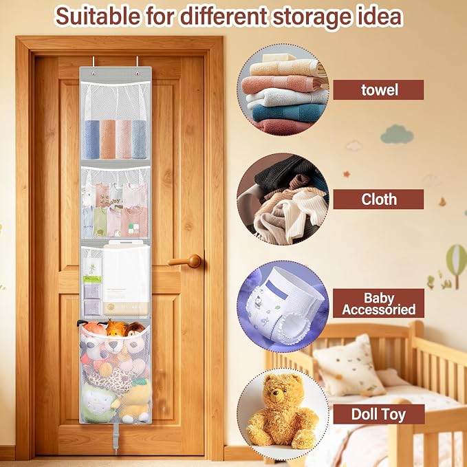 Stuffed Animal Storage Over Door, Hanging Plush Toy Organizer Holder | Gray Baby Doll & Bear Accessory Storage Idea, 12 Inch Wide Mesh Bag, Bi-Fold Behind Door Nursery Closet Girl Boy Kid Room