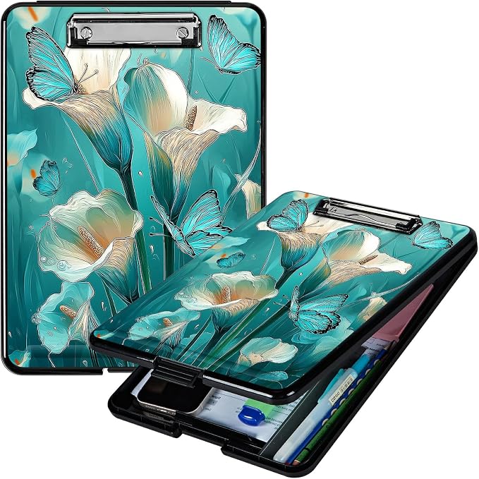 Heavy Duty Storage Clipboard, Slim Nursing Clipboard with Internal Pen Case, Portable File Organizer Case for A4 Letter Size Paper Office Medical Professionals, Blue Lily