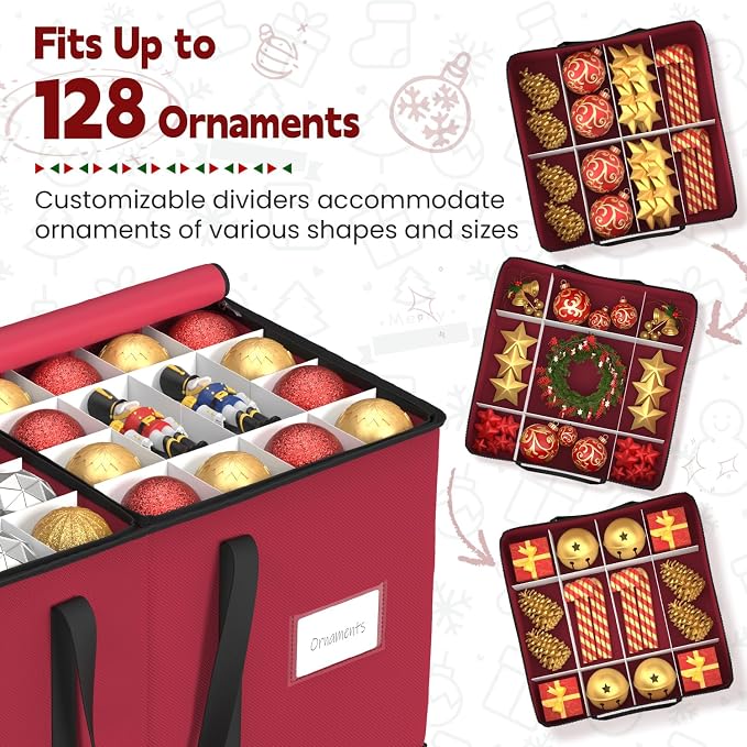 Sunvigor Christmas Ornament Storage Box with 8 Trays, Fits 128 Holiday Ornament Christmas Storage Container with Adjustable Dividers, Dual Zippers, 600D Oxford Christmas Decorations Storage(Rose Red)