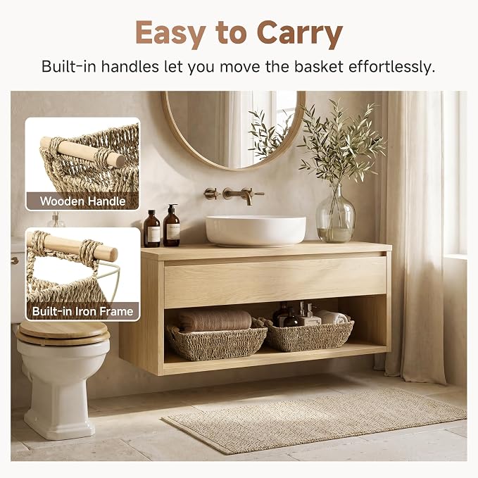StorageWorks Seagrass Storage Baskets, Large Snack Baskets for Shelves | Wicker Storage Baskets for Shelves, Baskets with Wooden Handles, 2-Pack Gifts Basket for Home Decor, Hand-Woven Basket