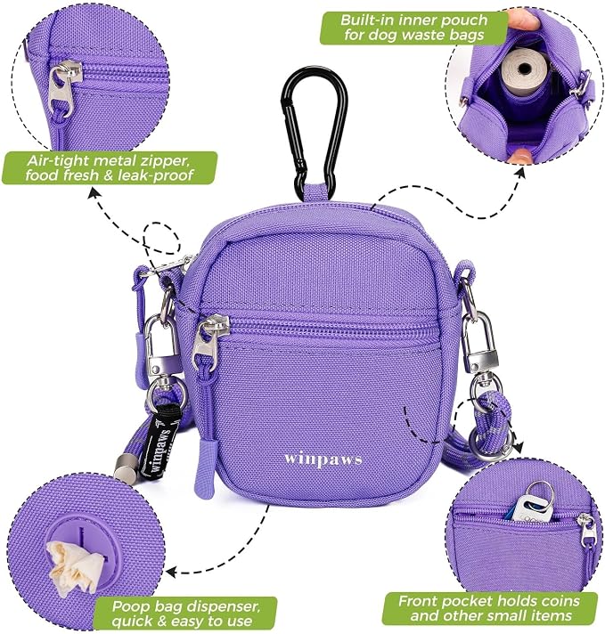 Dog Treat Pouch with Poop Bag Holder, Small Crossbody Bag for Puppy Training and Walking, Shoulder Strap Can Use as Dog Leash- Pet Travel Accessories, Metal Carabiner Attached (Purple) | 900D Oxford Fabric