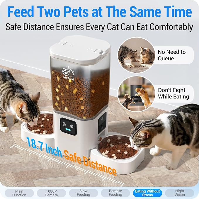 Frienhund Automatic Cat Feeder with Two 1080P Camera for 2 Cats: 7L Automatic Dog Feeder with Night Vision & Slow Feed, 5G WiFi Auto Cat Food Dispenser for Multiple Pet,Detachable for Clean(ACF180W-C)