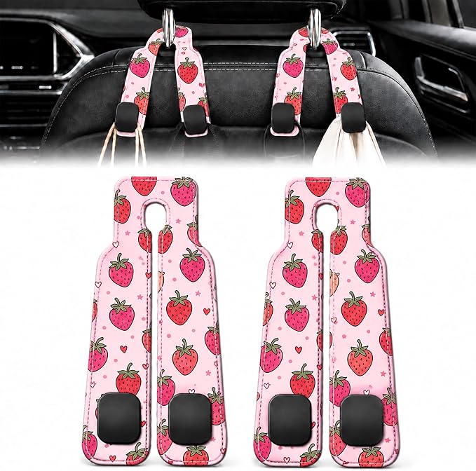 2 Pack Pink Strawberry Car Headrest Hooks for Purse Seat Back Hanger | Pink Strawberry Car Accessories Metal Hook,Kawaii Gifts for Women,PU Leather Double Hook for Backseat Organizer
