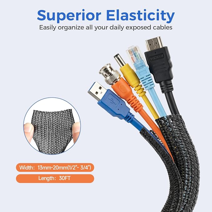 Delamu 30ft - 1/2 inch Cable Sleeve Cord Protector from Pets No Chew, Split-Braided PVC Wire Loom Tubing for Desk Computer USB TV Cord Organizer, Easy Set-up Cable Management Sleeve Kit, Black
