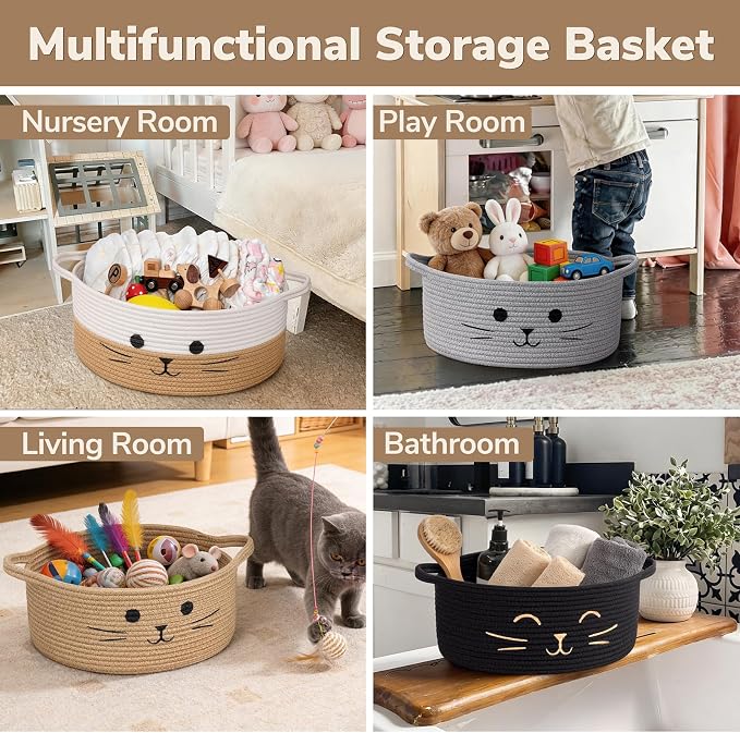 Medium Woven Rope Cat Toy Basket with Cat Face, White Jute | 13.8" x 6" Cat Toy Storage Bin for Living Room & Nursery, Pet Gift Basket Empty with Sturdy Handles, Cozy Cats Bed
