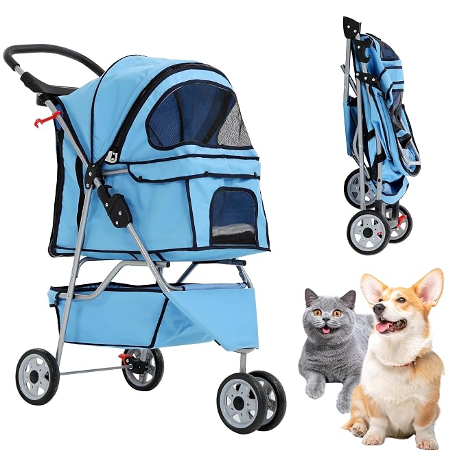 Dog Stroller With Storage Basket,3 Wheels Pet Stroller,Breathable Compact Portable Folding Carrier For Travel,Camping,Dog Carrier For Small Medium Dogs Or Cats,Lightweight Waterproof Pet Stroller,BLUE