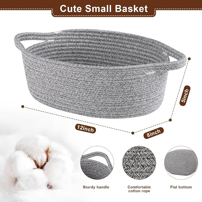 OIAHOMY Gift Basket with Handle, Small Woven Basket with Gift Bag, Ribbon and Wrap Tissue Paper, Nursery Bins Empty to Fill with Small Items, Baby, Pet Toy Organizer - Grey