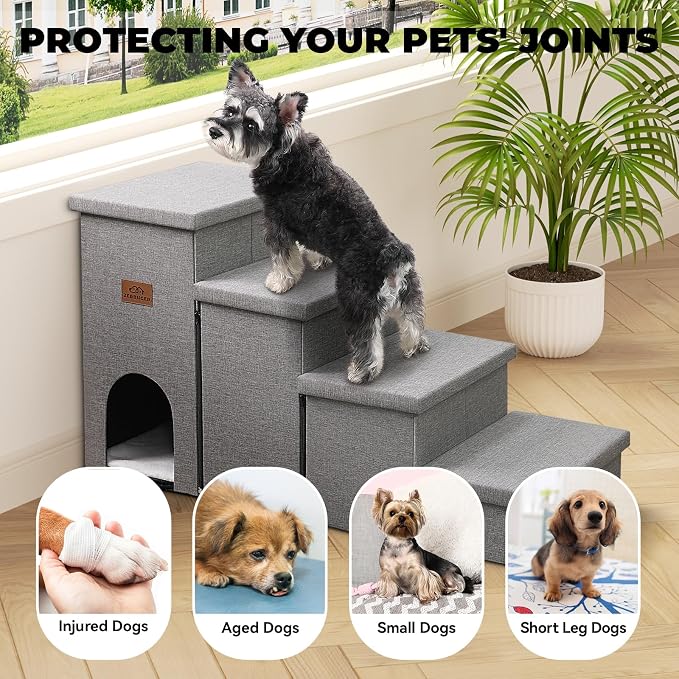 Zerbuger Dog Stairs with Storage, Grey 4 Steps Dog Ramp with Condo for Bed | 23" H Wider Dog Steps for High Beds Couch, Folding Storage Pet Stairs Gift for Climbing Small/Medium/Large Old Dogs Cats