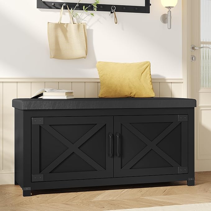 Hzuaneri 39.4" Shoe Storage Bench, with Soft Padded Seat Cushion & Doors | 2 Tier Entryway Storage Bench with Adjustable Shelf, Farmhouse Shoe Cabinet for Living room, Bedroom, Black SB26606BK