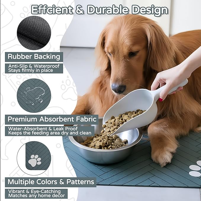 Pet Feeding Mat-Absorbent Dog Feeding Mat for Food and Water Bowl,No Stains Pet Placemat,Quick Drying Water Dispenser Mat for Dog and Cat,Easy to Clean Dog Accessories(S,Black Gray Paw)