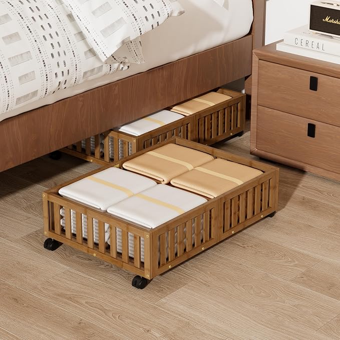 Under Bed Storage with Wheels, 2 Pcs Bamboo Drawers for Clothes and Toy | 360° wheels glide smoothly. Sturdy bamboo frames hold clothes, shoes, bedding and toys. Easy pullout access keeps rooms tidy