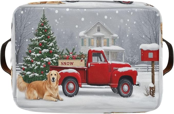 Christmas Tree Red Truck Storage Basket Fabric Laundry Baskets Winter Snowman Snowflake Golden Retriever Dog Storage Boxes Organizer Bag for Cloth Toy Book Storages Shelf Closet Bins 16×12×8 2 Pack