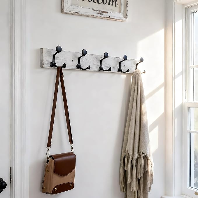 SKOLOO 24-Inch Wood Coat Rack Wall Mount with 5 Triple Hooks - Ideal for Family Entrances, Classrooms, and Pet Supplies Storage - Perfect Coat Hooks for Wall,Distressed White Wash
