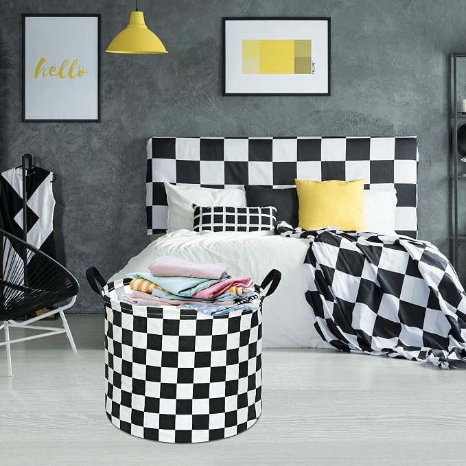 3 Pack Checkered Storage Baskets with Leather Handles, Foldable Fabric Toy Storage Bins with Waterproof Lining, Large Round Laundry Hamper for Kids Room, Nursery, Bedroom, Playroom Organization