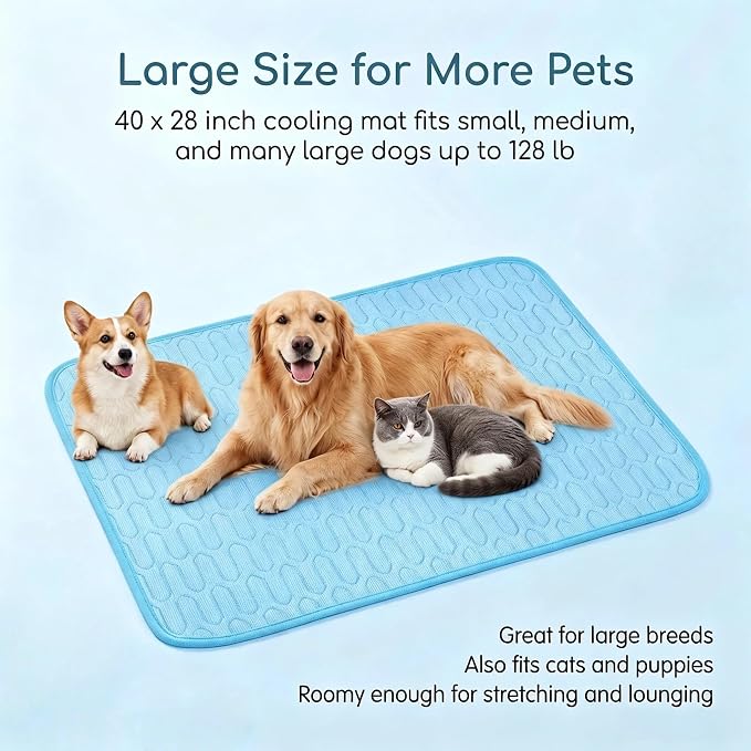 Dog Cooling Mat for Dogs, 40 x 28 in Ice Silk Pet Cooling Pad, Blue | Cool-touch ice silk cooling mat, micro-hole fabric, washable non-slip dog cooling pad for crates, beds, cars, floors