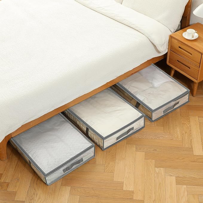 6 Pack Under Bed Storage Containers, Waterproof Material Plastic Underbed Storage Bins, Blanket/Clothes Storage Bags with Lid, Bedding Comforter/Sheet/Closet Organizer and Storage