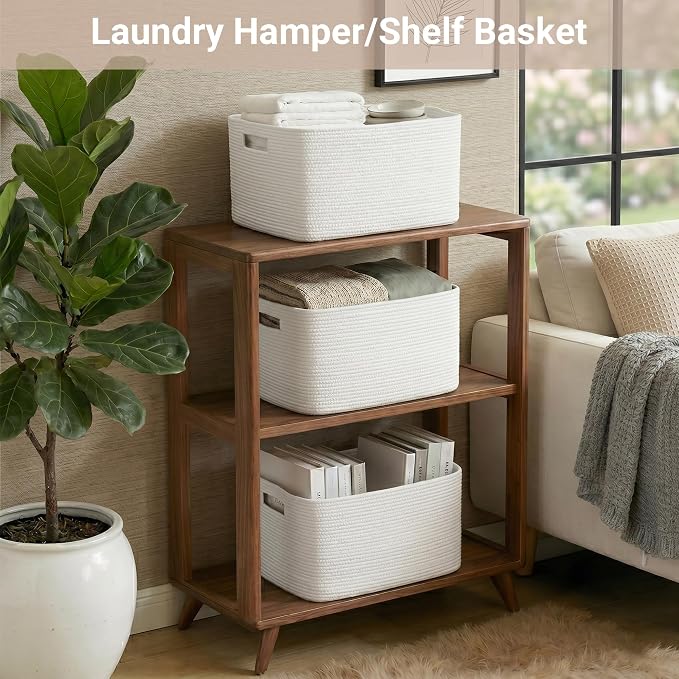 Large Laundry Basket/Hamper, 22"x17"x12", White | Rectangle Woven, Toy Storage, Baby Blanket Basket, With Handle, Shelf Basket