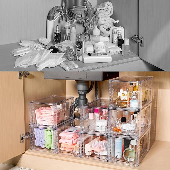 Vtopmart 4 Pack Stackable Clear Pantry Storage Drawers, Large | Large Clear Drawers with Handles. Stackable, Easy to Assemble, Non-slip and Sturdy for Pantry, Kitchen, Cabinet & Bathroom.
