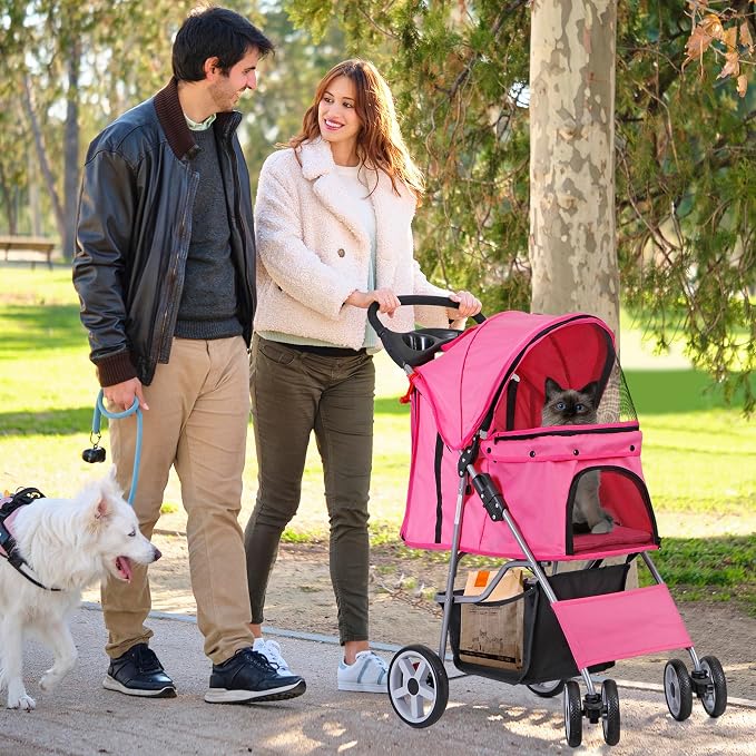 4 Wheels Dog Stroller Folding Pet Strolling Cart for Small Medium Cats Puppies Portable Jogger Travel Camping Puppy Carrier with Storage Basket Cup Holder, Pink