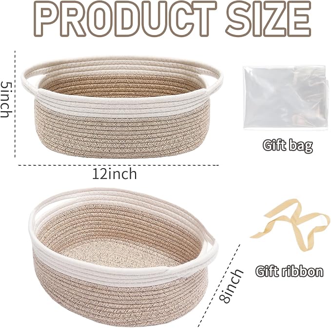 JMvicyroam Small Woven Basket, Empty Gift Basket, White&Oatmeal/3 Pack | Small Gift Basket, Cotton Rope, 12 x 8 x 74 in, Handles, Includes Ribbon and Bag, Birthday Gift Basket