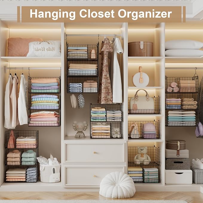 Jautokerdar 3 Tier Closet Hanging Shelves with Divider, Extra Large Closet Organizers and Storage, Clothes Hanging Organizer Clothing Sweaters Handbags Clutches Accessories