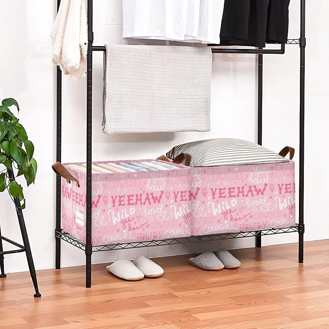 Howdy Cowgirl Quoted Pink Western Storage Basket Foldable Cube Storage Bins with Handles&Labels Waterproof Collapsible Organizer Box Bin Large Rectangle Decorative Baskets for Shelves Home Living Room