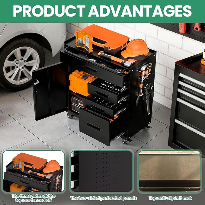Garage Storage Cabinet,Metal Rolling Tool Cabinet with 2 Pegboard and 10 Hook,Heavy Duty Mechanics Tool Chest Storage for Workshop, Basement,Warehouse,Include Workbench Liner,Black