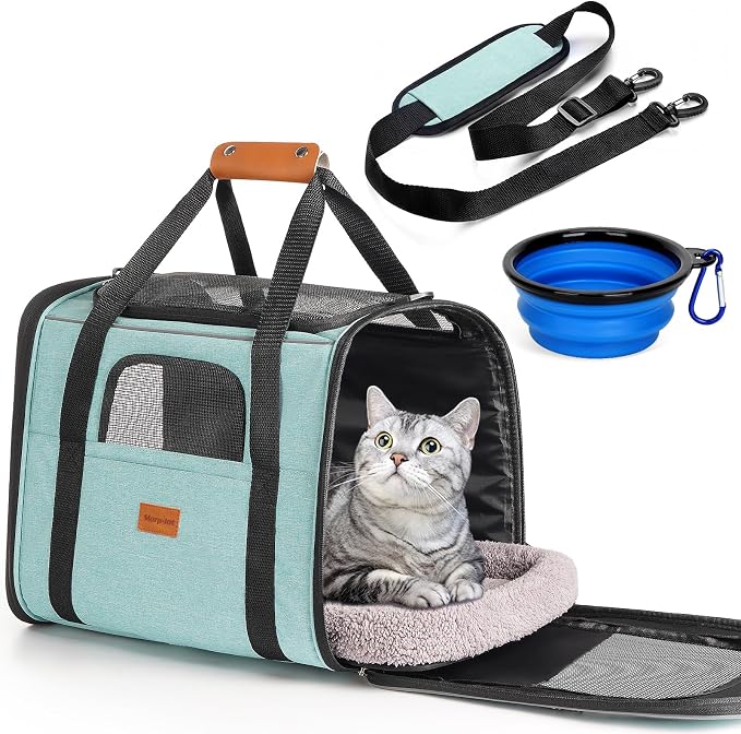 Morpilot Cat Carrier Soft for Large Medium Cats and Puppy up to 20lbs | with Dual-Sided Cushion, Secure Buckle and Foldable Bowl, Dog Carriers for Small Dogs - Pet Carrier (Green)