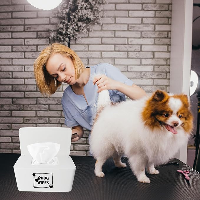 Klmnop Dog Wipes Dispenser for Paw & Butt Cleaning, 8.3L x 4.9W x 3.9H inch Wipe Holder with Lid, Refillable & Portable(White)