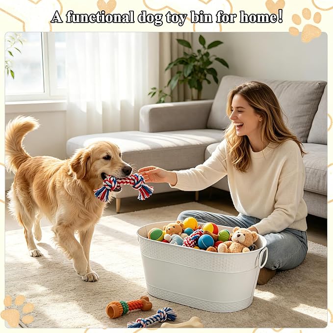 Indestructible Metal Dog Toy Bin, White Galvanized Storage Bin with Handles, Puppy Basket for Blankets, Leashes, Pet Toy Box for Living Room (25-Quart)
