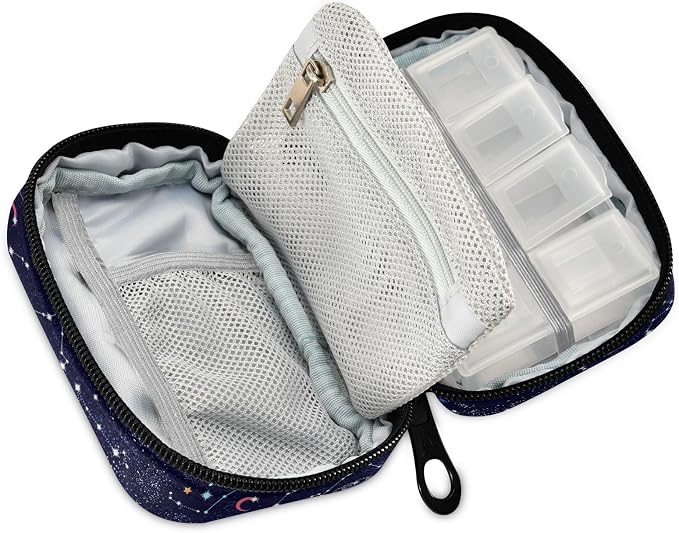 Ollabaky Galaxy Pill Case Butterfly 7 Day Pill Organizer Galaxy Travel Pill Case Portable Weekly Pill Box Bag Container Vitamin Supplement Holder with Zipper for Family Business