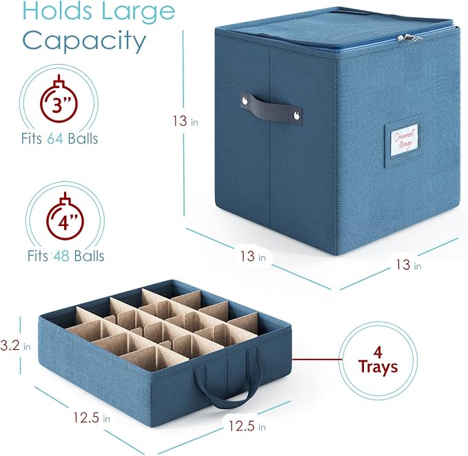 Hearth & Harbor Christmas Ornament Storage Box With 4 Inner Tray Dividers - Non-Woven Ornament Storage Container For 64 Holiday Ornaments or Decorations