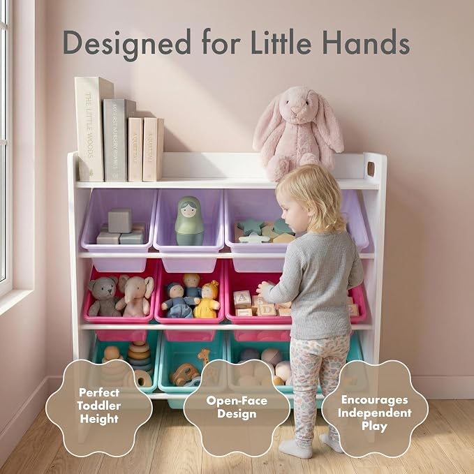 Humble Crew Kids Toy Organizer with Display Shelf, 9 Bins, 3 Tier Storage | Sturdy wood and steel toddler shelf, removable BPA-free containers, wall anchor anti-tip safety kit for bedroom or classroom
