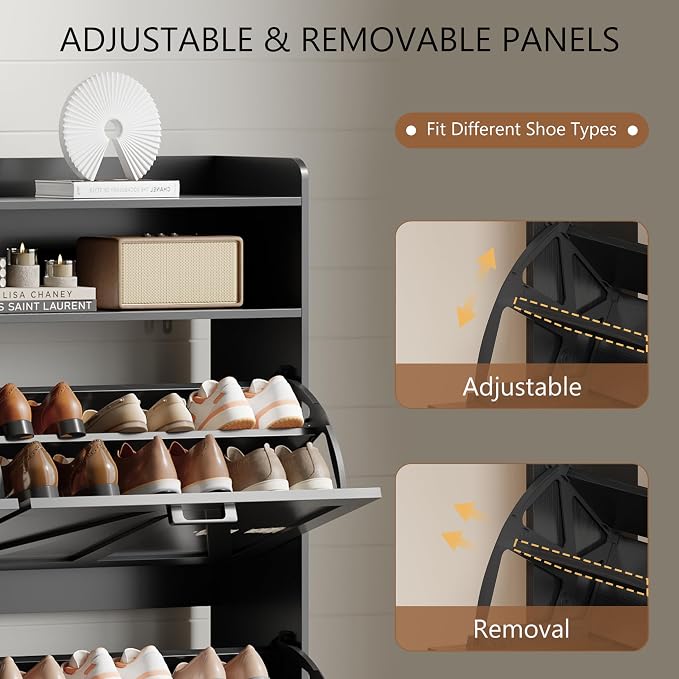 Xixini Shoe Storage Cabinet with 4 Flip Drawers, Entryway Shoe Rack, Black | Freestanding Narrow Shoe Storage, Hidden Slim Wood Shoe Organizer, Modern Farmhouse, Open Storage & Hooks for Closet, Hallway