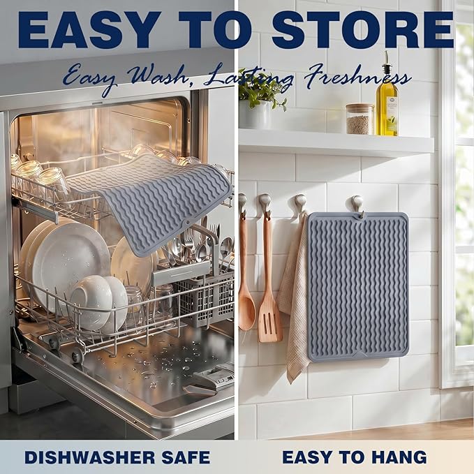 2 Pack Caketime Silicone Dish Drying Mat for Kitchen Counter Waterproof Place mats Sink Protector Stove Top Organizer Cooking Appliance Trays Dryer Rack Drainers Items Extra Large 24"x18" Beige