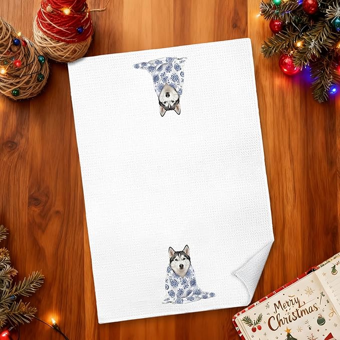 Blue Chinoiserie Siberian Husky Kitchen Towels 16x24 in, Gifts for Husky Lovers, Grandmillennial Floral Blanket Dog Decorative Hand Tea Dish Towels for Bathroom Kitchen