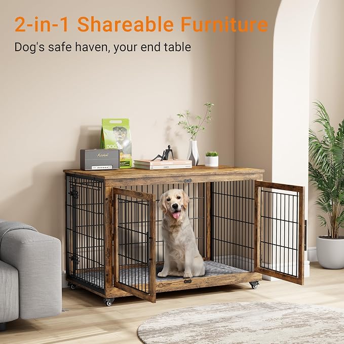 44'' Decorative Large Dog Crates Furniture w/Cushion & Wheels Wood Kennel | Rustic Brown, Double Doors, Wooden Dog Cage, Chew-Resistant, End Table, Decorative, 27"/32"/38"/44" Options, Indoor