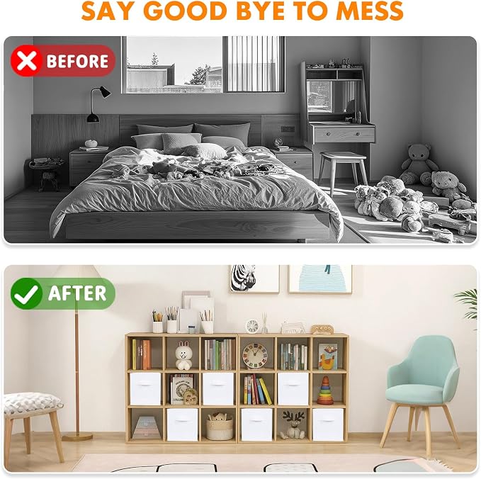 PowerKing Collapsible Storage Cubes, Farbic Storage Bins, White, 6 Pack | Sturdy, Lightweight, Easy Pull Handle, Closet & Shelf Organizer, Clothes and Toys Storage, 10.5'' x 11'' x 10.5''