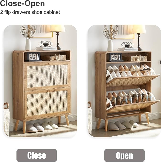 Rattan Shoe Cabinet with 2 Flip Drawers, 16 Pairs Narrow Shoe Storage Cabinet for Entryway Freestanding Hidden Shoe Rack, Modern Slim Wood Shoe Organizer for Hallway, Natural