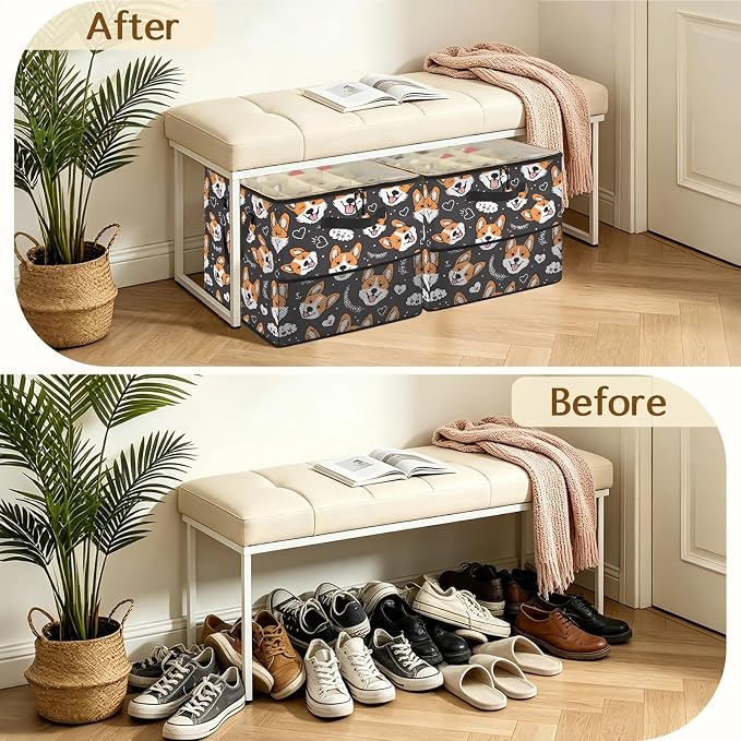 TropicalLife Corgi Puppy Dogs Shoe Organizer for Closet | Foldable Shoe Storage Box Bin 16-32 Pair Shoe Storage for Sneakers, Boots & Heels with Adjustable Dividers, Clear Cover